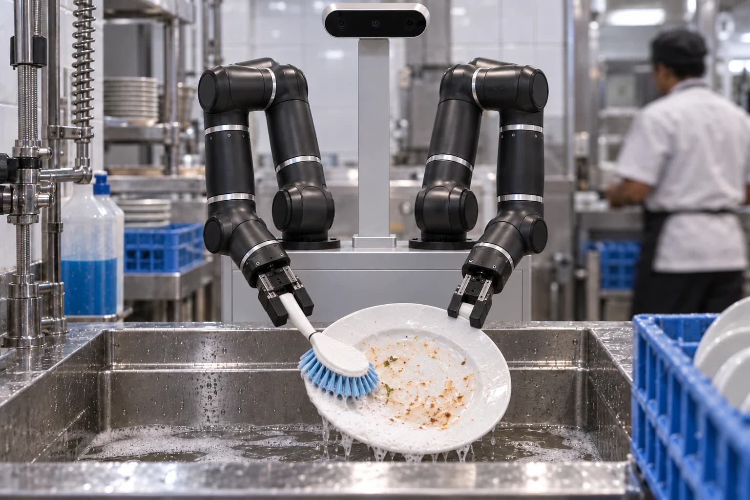 Mega holding a plate and using a dish brush