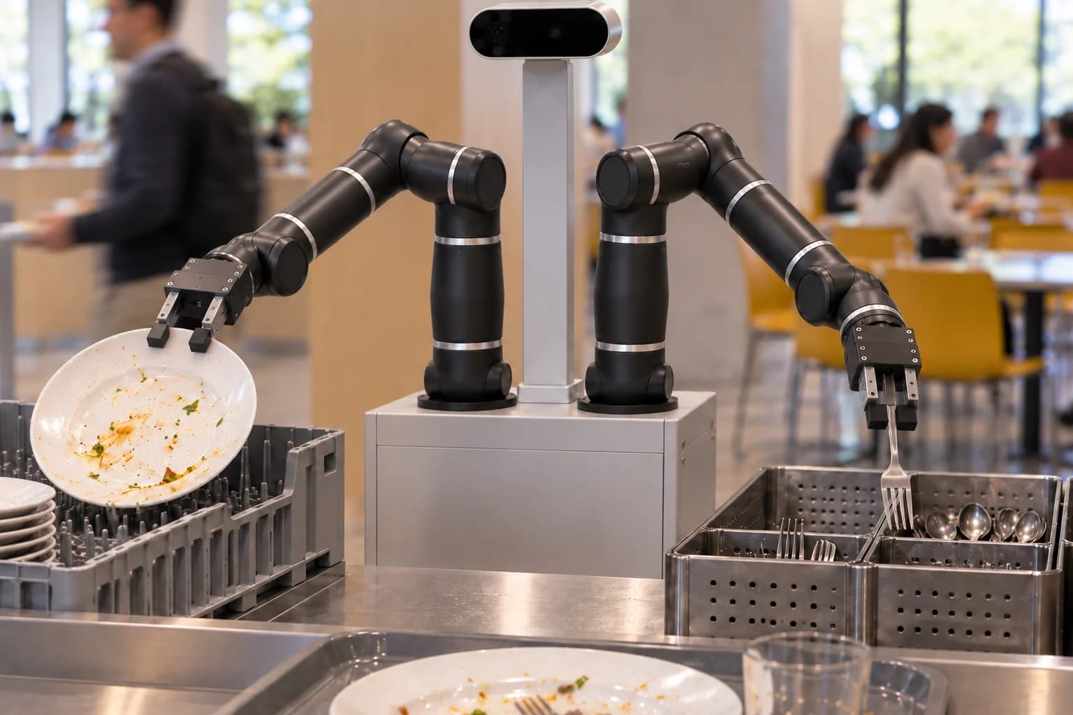 Mega using two robotic arms to sort a plate and cutlery at a dish-return station