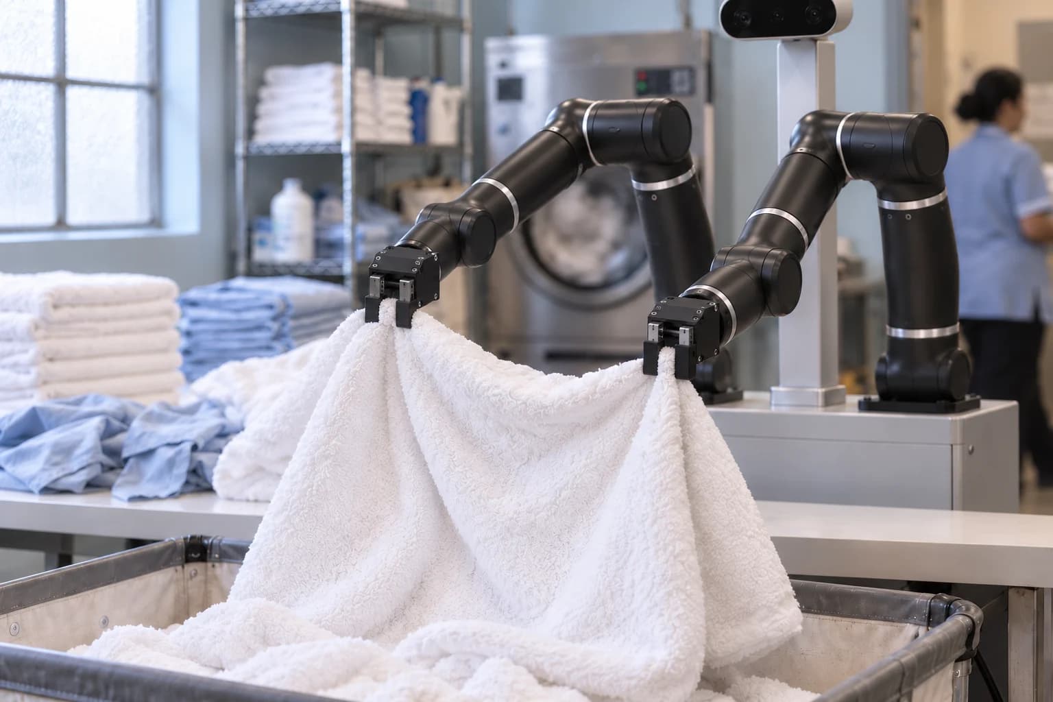 Mega separating a white towel from a laundry cart