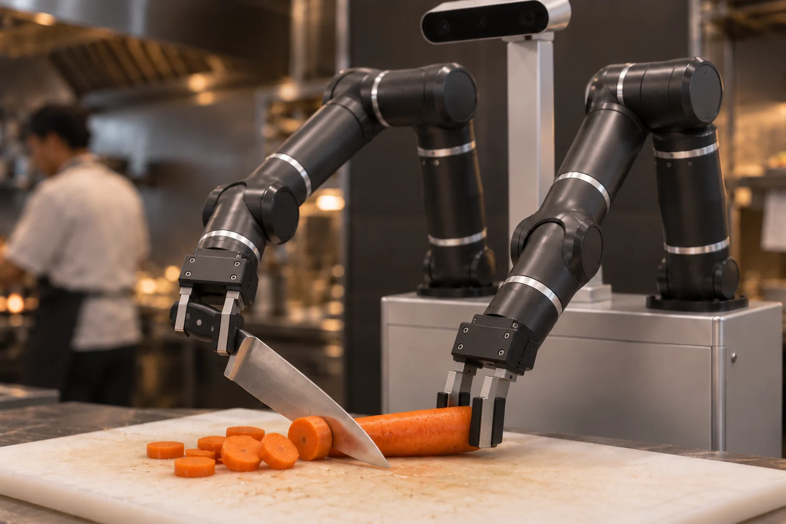 Mega holding a carrot with one arm and a kitchen knife with the other